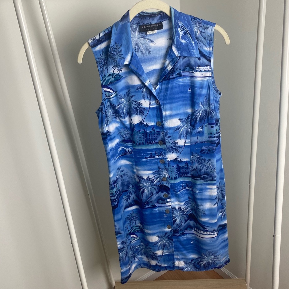 Blue Hawaiian Print Sleeveless Shirt Dress
